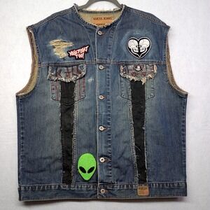 Guess Jeans‎ Workwear Denim Vest XXL Custom Distressed Punk Biker Festival Patch